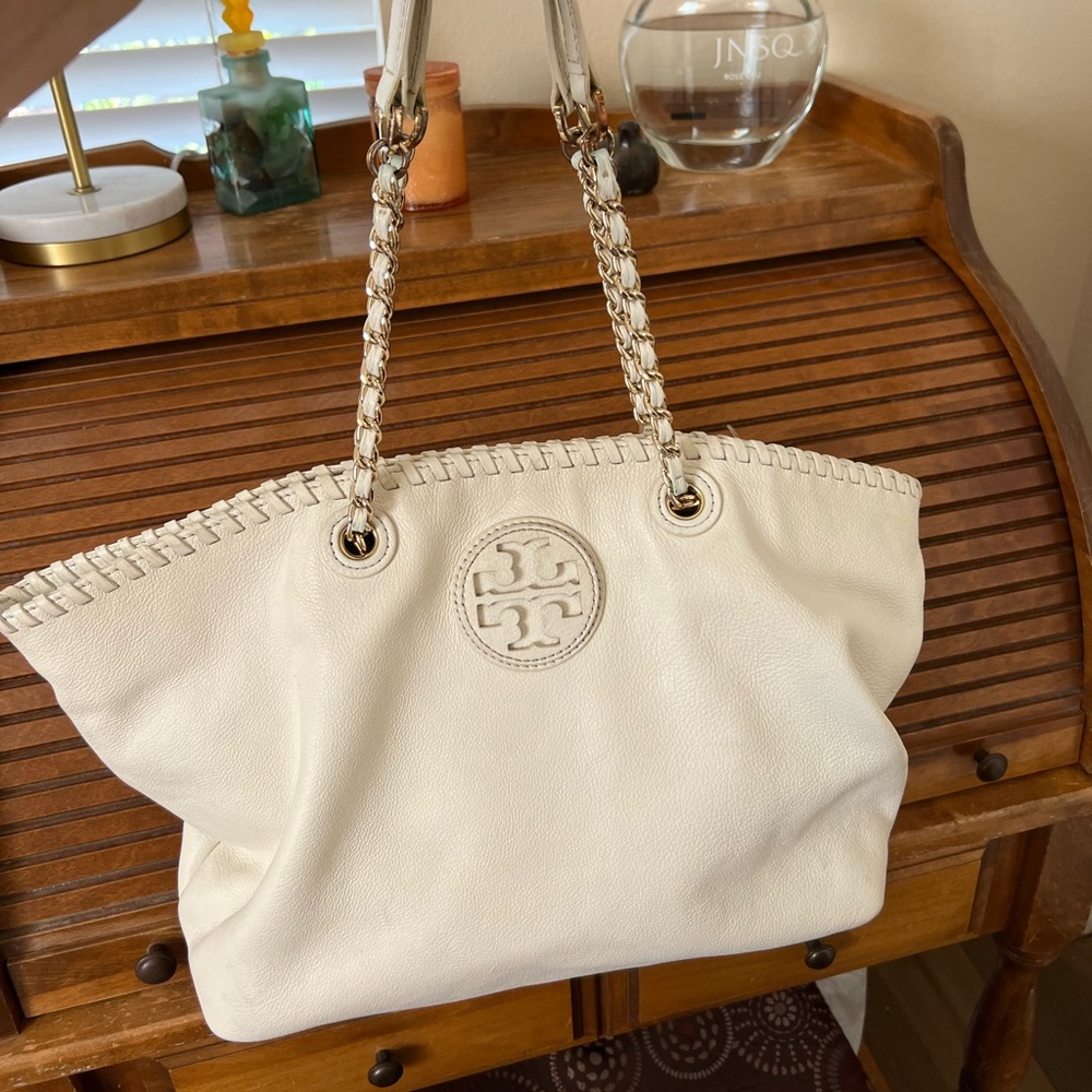 Tory Burch Tote Bag Women’s Purse Marion Chain Slouchy Off-white Leather